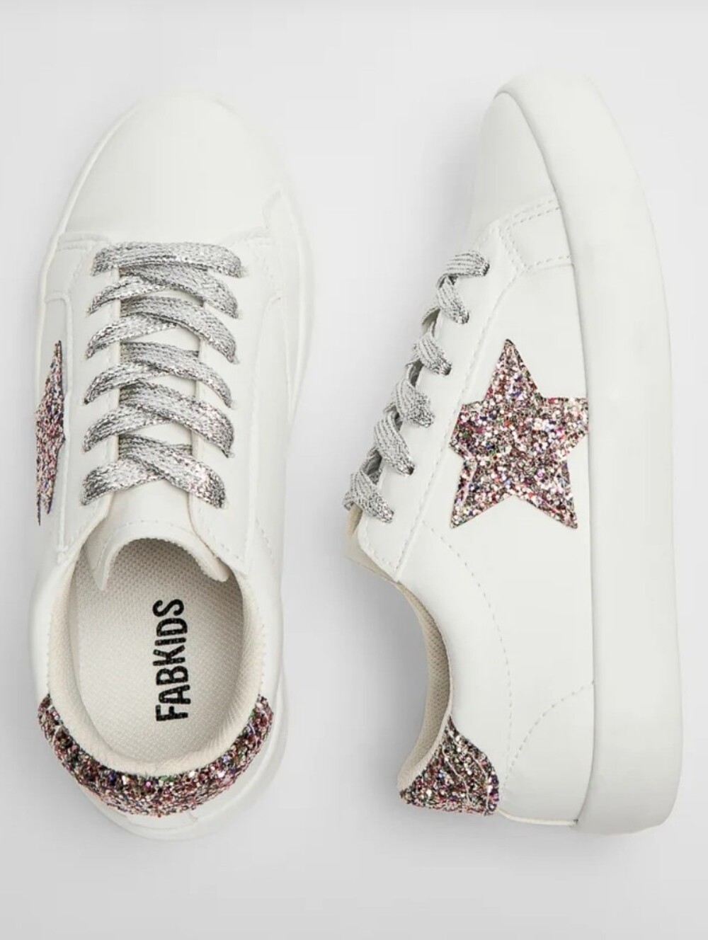 NWOT Kid’s Silver Glitter Star Lace-Up Sneakers - White/Silver, Size 13
